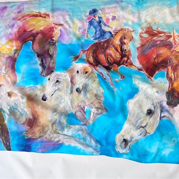 Silk Scarf Hand Made Art To Wear Signed 35 By 69 Inches Horses Dog Victorian - Picture 2 of 14